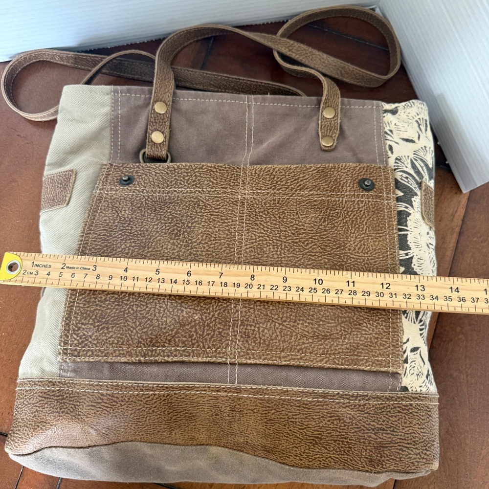 Myra Bag Canvas Leather Patchwork Tote Shoulder Bag Brown Tan Botanical Print - Picture 8 of 12